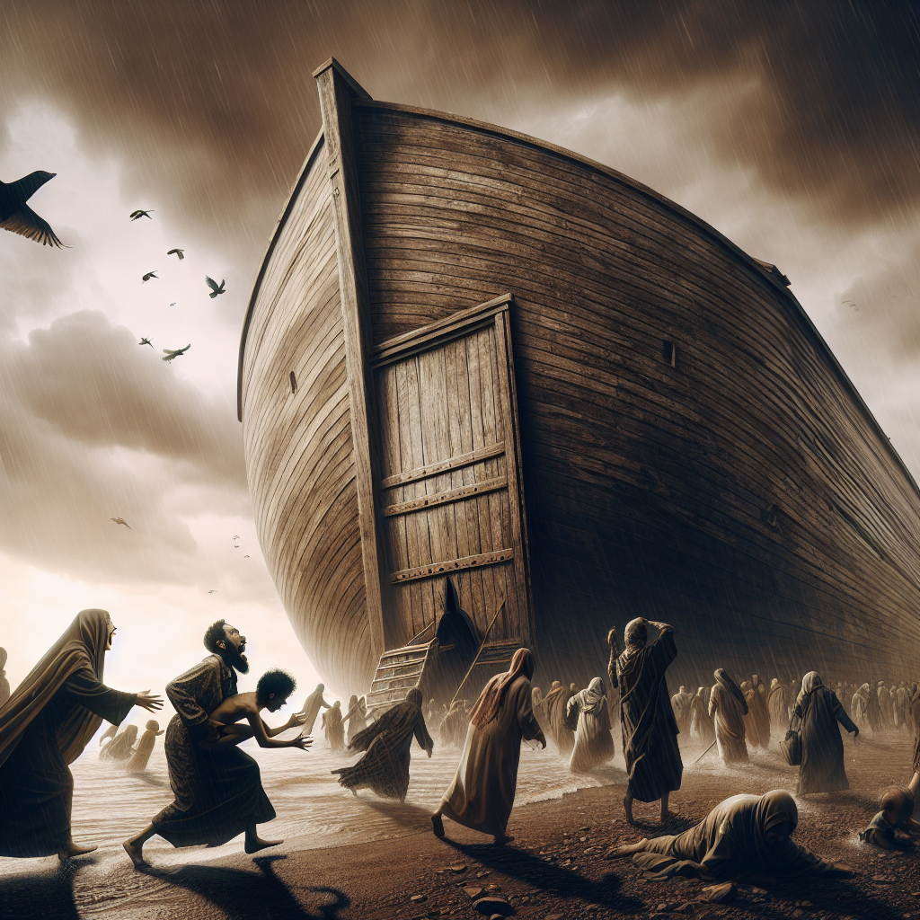 Noah's ark, the door closing, PEOPLE crying to enter Blank Meme Template