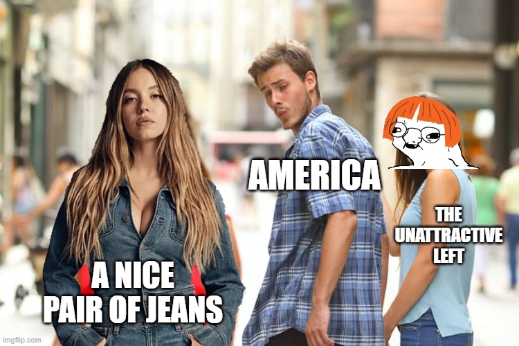 Distracted Boyfriend | AMERICA; THE UNATTRACTIVE LEFT; A NICE PAIR OF JEANS | image tagged in memes,distracted boyfriend | made w/ Imgflip meme maker