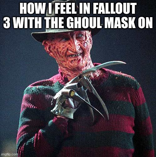 Your worst nightmare | HOW I FEEL IN FALLOUT 3 WITH THE GHOUL MASK ON | image tagged in freddy krueger | made w/ Imgflip meme maker