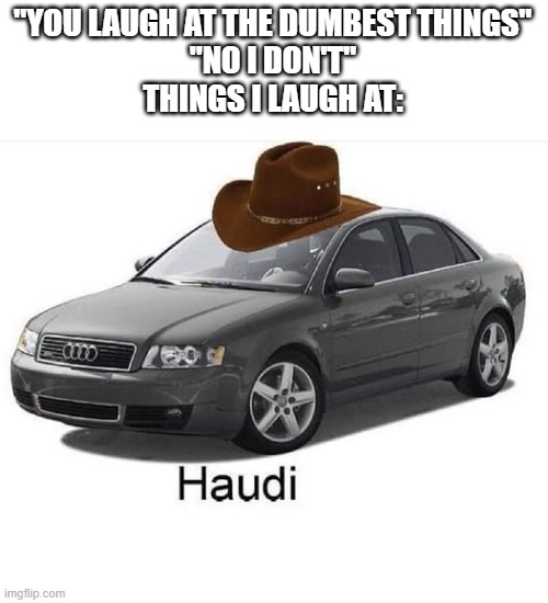 Yeehaw | "YOU LAUGH AT THE DUMBEST THINGS"
"NO I DON'T"
THINGS I LAUGH AT: | image tagged in memes,unfunny,audi,puns | made w/ Imgflip meme maker