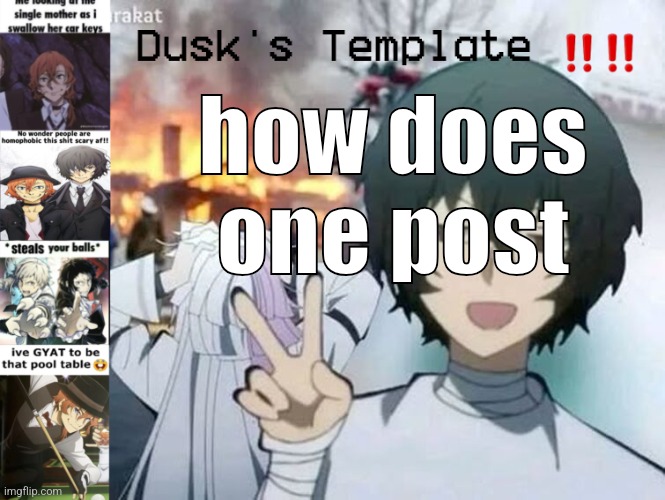 I have no idea what to post | how does one post | image tagged in dusk's temp fr | made w/ Imgflip meme maker