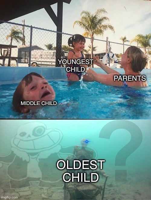 It’s a beautiful day yet You cannot deny it | YOUNGEST CHILD; PARENTS; MIDDLE CHILD; OLDEST CHILD | image tagged in mother ignoring kid drowning in a pool | made w/ Imgflip meme maker