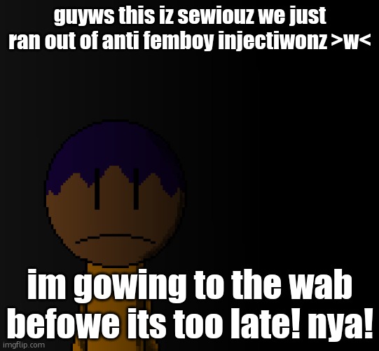 brother | guyws this iz sewiouz we just ran out of anti femboy injectiwonz >w<; im gowing to the wab befowe its too late! nya! | image tagged in brother | made w/ Imgflip meme maker