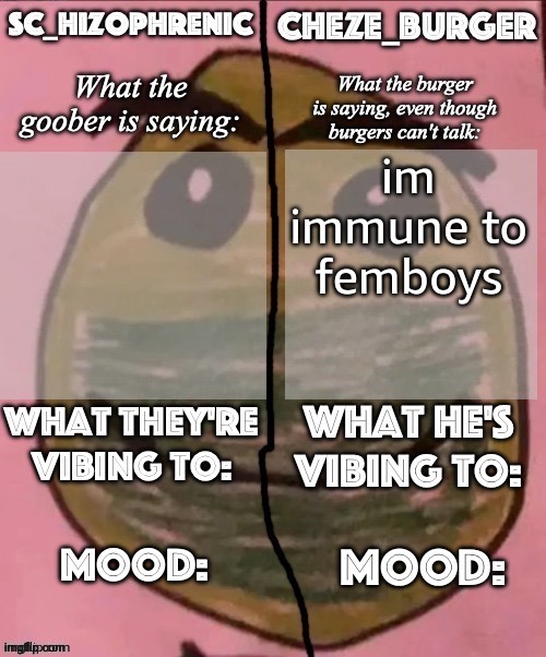 SC and Cheze shared template | im immune to femboys | image tagged in sc and cheze shared template | made w/ Imgflip meme maker