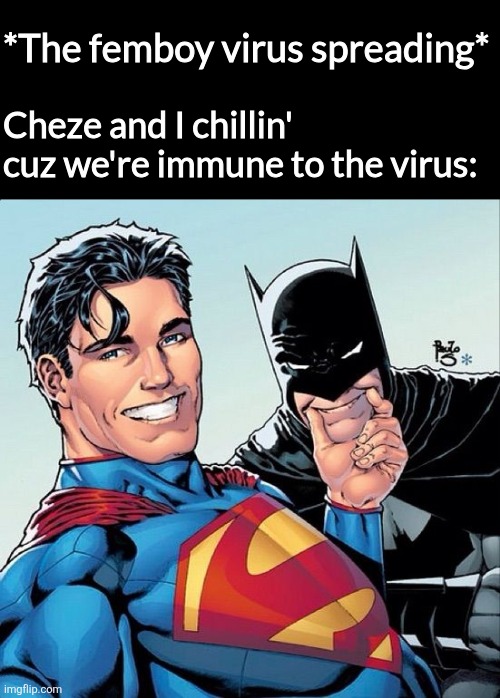 Superman and Batman smiling | *The femboy virus spreading*; Cheze and I chillin' cuz we're immune to the virus: | image tagged in superman and batman smiling | made w/ Imgflip meme maker