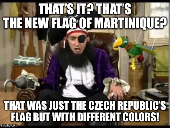 I saw the new flag and it is way more boring than I expected | THAT’S IT? THAT’S THE NEW FLAG OF MARTINIQUE? THAT WAS JUST THE CZECH REPUBLIC’S FLAG BUT WITH DIFFERENT COLORS! | image tagged in patchy the pirate that's it,flags,lame,are you serious,france | made w/ Imgflip meme maker