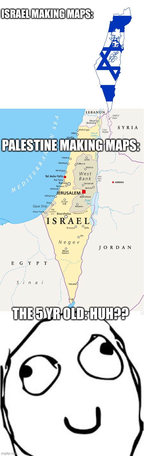 When an israeli and palestinian make maps | ISRAEL MAKING MAPS:; PALESTINE MAKING MAPS:; THE 5 YR OLD: HUH?? | image tagged in map israel political geography,memes,derp | made w/ Imgflip meme maker