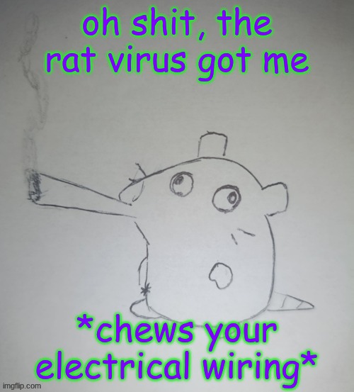dumbass rat smoking a fat blunt(credits to shadowskul) | oh shit, the rat virus got me; *chews your electrical wiring* | image tagged in dumbass rat smoking a fat blunt credits to shadowskul | made w/ Imgflip meme maker