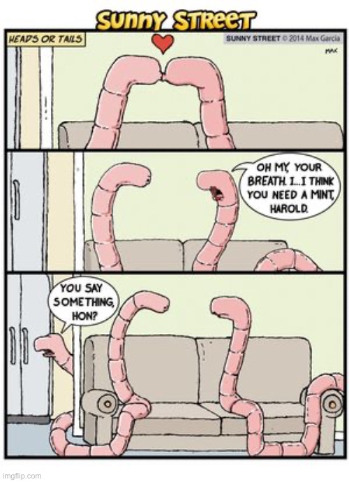 image tagged in comics,sunny street,worms,wrong end,bad breath | made w/ Imgflip meme maker