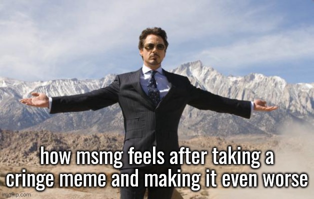 Friday Tony Stark | how msmg feels after taking a cringe meme and making it even worse | image tagged in friday tony stark | made w/ Imgflip meme maker