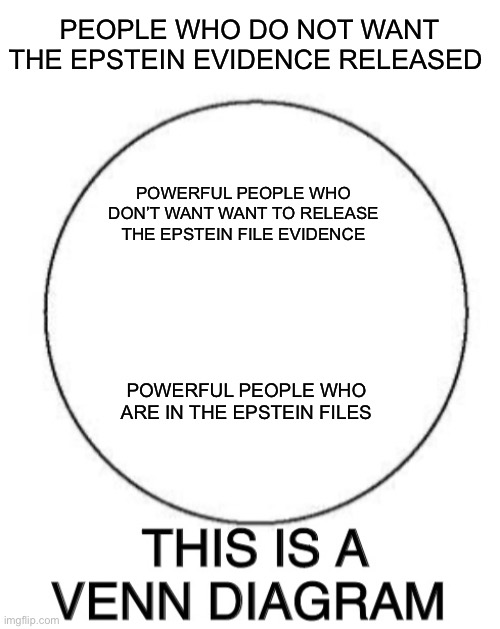 Who wants the public to know the evidence? | PEOPLE WHO DO NOT WANT THE EPSTEIN EVIDENCE RELEASED; POWERFUL PEOPLE WHO DON’T WANT WANT TO RELEASE THE EPSTEIN FILE EVIDENCE; POWERFUL PEOPLE WHO ARE IN THE EPSTEIN FILES | image tagged in this is a venn diagram,epstein,jeffrey epstein,evidence,x files | made w/ Imgflip meme maker