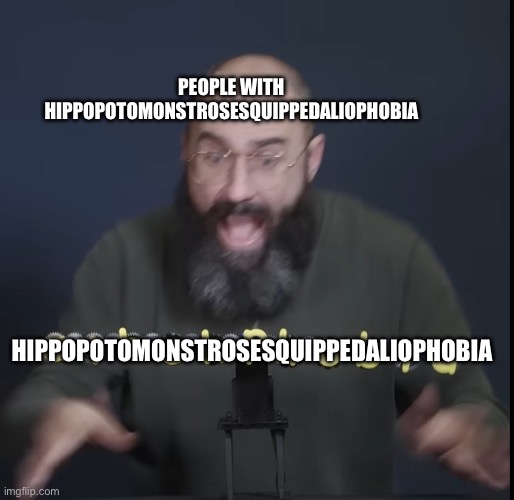 vsauce scream | PEOPLE WITH HIPPOPOTOMONSTROSESQUIPPEDALIOPHOBIA; HIPPOPOTOMONSTROSESQUIPPEDALIOPHOBIA | image tagged in vsauce scream | made w/ Imgflip meme maker