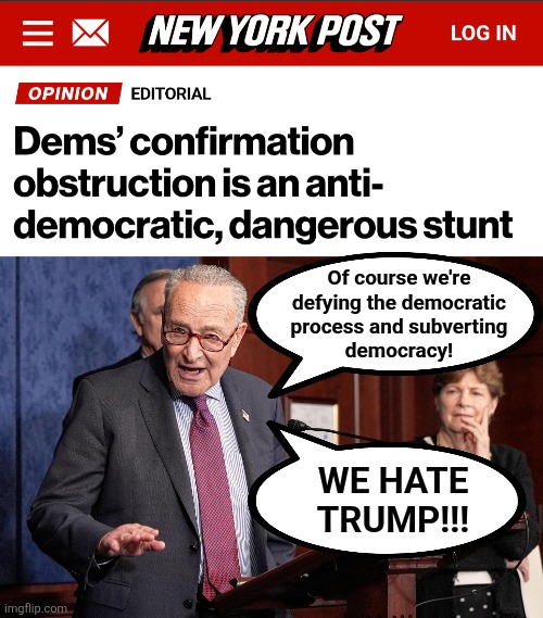 After all that preachin' about "saving democracy" | Of course we're
defying the democratic
process and subverting
democracy! WE HATE
TRUMP!!! | image tagged in memes,obstruction,democrats,confirmations,trump derangement syndrome,hypocrisy | made w/ Imgflip meme maker