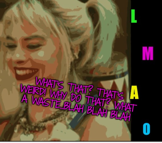Harley Quinn LMAO | WHAT'S THAT? THAT'S WEIRD! WHY DO THAT? WHAT A WASTE...BLAH BLAH BLAH | image tagged in harley quinn lmao | made w/ Imgflip meme maker