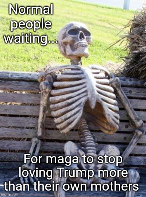 They Love a billionaire who would never allow them at Mar a lago | Normal people waiting... For maga to stop loving Trump more than their own mothers | image tagged in waiting skeleton,donald trump,love the poorly educated,grifter,make money off maga,sad suckers | made w/ Imgflip meme maker