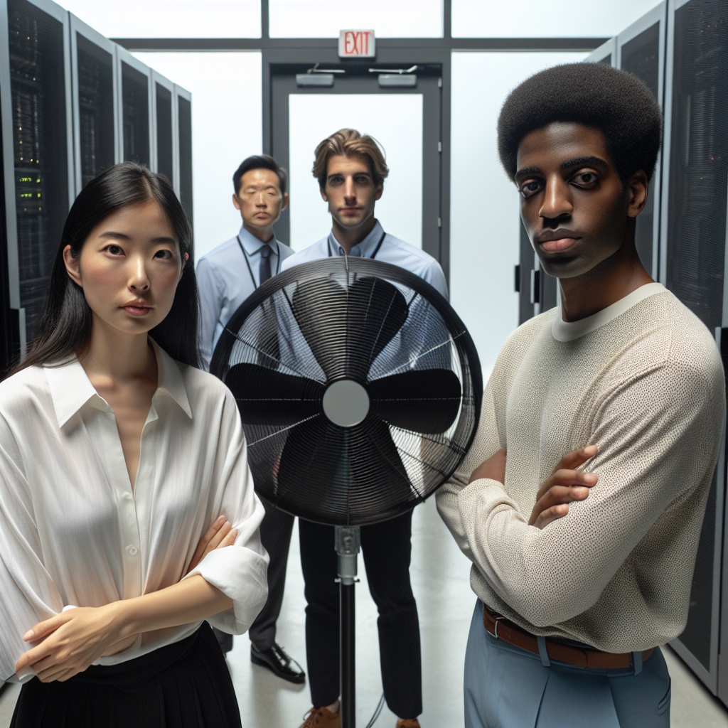 IT people standing in front of a very large fan that's in front Blank Meme Template