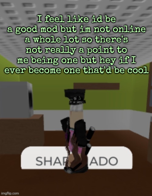 Id definitely do my damn job | I feel like id be a good mod but im not online a whole lot so there's not really a point to me being one but hey if I ever become one that'd be cool | image tagged in sharknado | made w/ Imgflip meme maker