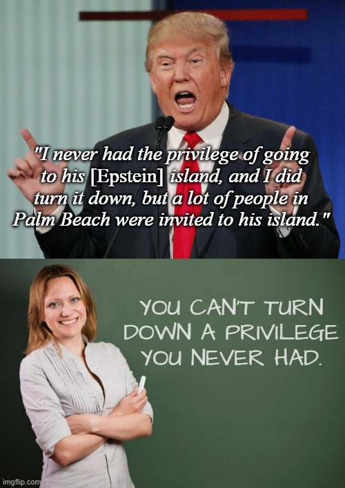 Uh-huh... sure ya did, bud. | "I never had the privilege of going
to his                 island, and I did
turn it down, but a lot of people in
Palm Beach were invited to his island."; [Epstein]; YOU CAN'T TURN DOWN A PRIVILEGE YOU NEVER HAD. | image tagged in donald trump,jeffrey epstein,pedophiles | made w/ Imgflip meme maker