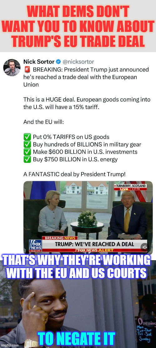 dems hate Trump so much they're willing to ruin America | WHAT DEMS DON'T WANT YOU TO KNOW ABOUT TRUMP'S EU TRADE DEAL; THAT'S WHY THEY'RE WORKING WITH THE EU AND US COURTS; TO NEGATE IT | image tagged in memes,roll safe think about it,more treasonous conspiracy | made w/ Imgflip meme maker