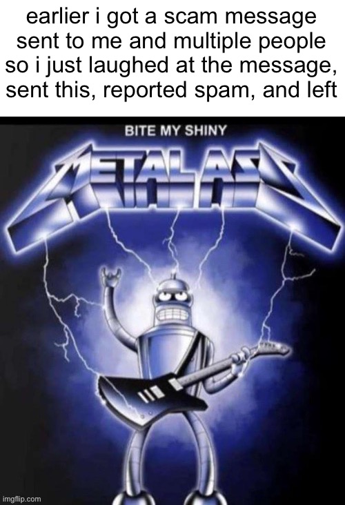 earlier i got a scam message sent to me and multiple people so i just laughed at the message, sent this, reported spam, and left | made w/ Imgflip meme maker