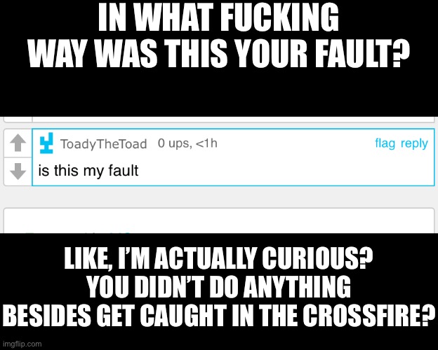 Fell for the ragebait, happens | IN WHAT FUCKING WAY WAS THIS YOUR FAULT? LIKE, I’M ACTUALLY CURIOUS? YOU DIDN’T DO ANYTHING BESIDES GET CAUGHT IN THE CROSSFIRE? | made w/ Imgflip meme maker