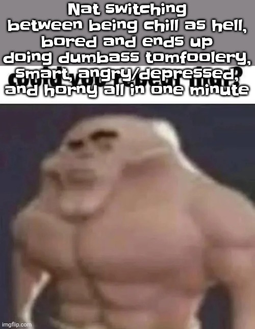 could you repeat that? | Nat switching between being chill as hell, bored and ends up doing dumbass tomfoolery, smart, angry/depressed, and horny all in one minute | image tagged in could you repeat that | made w/ Imgflip meme maker