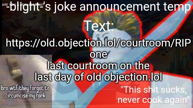 ts ass | https://old.objection.lol/courtroom/RIP one last courtroom on the last day of old objection.lol | image tagged in ts ass | made w/ Imgflip meme maker