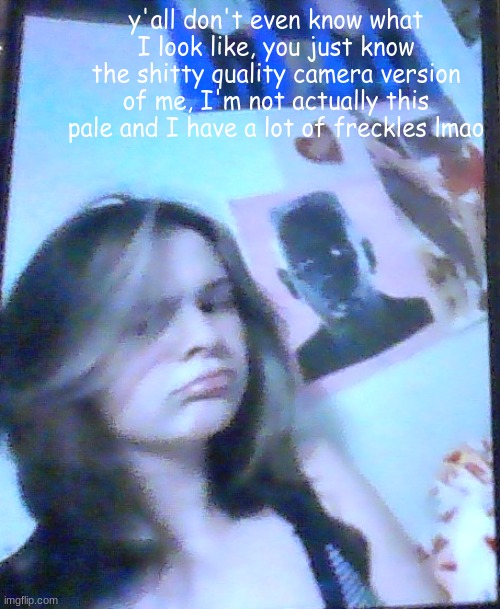 I'm like always blushing so my cheeks and nose r kinda pink usually ( random lore ) | y'all don't even know what I look like, you just know the shitty quality camera version of me, I'm not actually this pale and I have a lot of freckles lmao | image tagged in basically balb | made w/ Imgflip meme maker