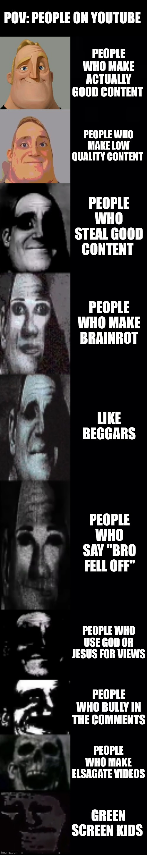 Different types of people on youtube | POV: PEOPLE ON YOUTUBE; PEOPLE WHO MAKE ACTUALLY GOOD CONTENT; PEOPLE WHO MAKE LOW QUALITY CONTENT; PEOPLE WHO STEAL GOOD CONTENT; PEOPLE WHO MAKE BRAINROT; LIKE BEGGARS; PEOPLE WHO SAY "BRO FELL OFF"; PEOPLE WHO USE GOD OR JESUS FOR VIEWS; PEOPLE WHO BULLY IN THE COMMENTS; PEOPLE WHO MAKE ELSAGATE VIDEOS; GREEN SCREEN KIDS | image tagged in mr incredible becoming uncanny | made w/ Imgflip meme maker