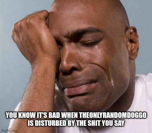 black man crying | YOU KNOW IT'S BAD WHEN THEONLYRANDOMDOGGO IS DISTURBED BY THE SHIT YOU SAY | image tagged in black man crying | made w/ Imgflip meme maker