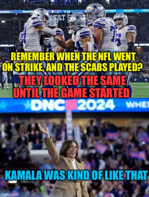 Kamala never belonged in the Big Time | REMEMBER WHEN THE NFL WENT ON STRIKE, AND THE SCABS PLAYED? THEY LOOKED THE SAME UNTIL THE GAME STARTED; KAMALA WAS KIND OF LIKE THAT | image tagged in gifs,democrats,kamala harris,presidential race,failure | made w/ Imgflip meme maker