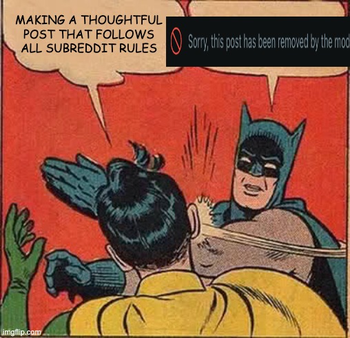 Batman Slapping Robin | MAKING A THOUGHTFUL POST THAT FOLLOWS ALL SUBREDDIT RULES | image tagged in memes,batman slapping robin | made w/ Imgflip meme maker