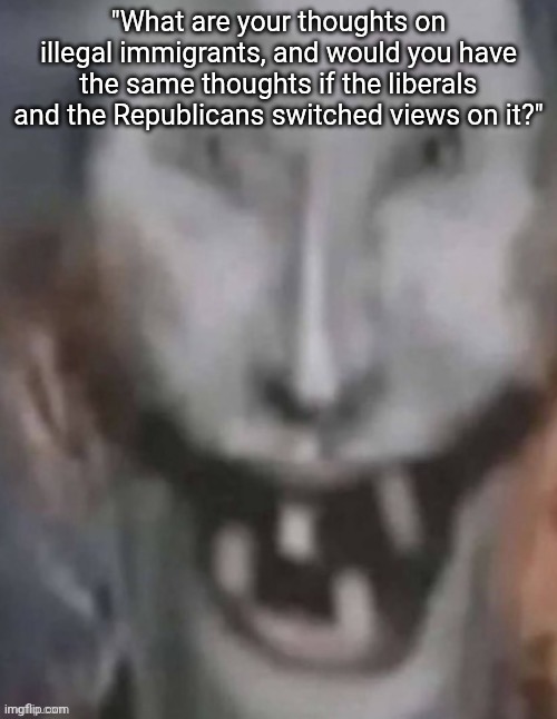 Jonkled | "What are your thoughts on illegal immigrants, and would you have the same thoughts if the liberals and the Republicans switched views on it?" | image tagged in jonkled | made w/ Imgflip meme maker