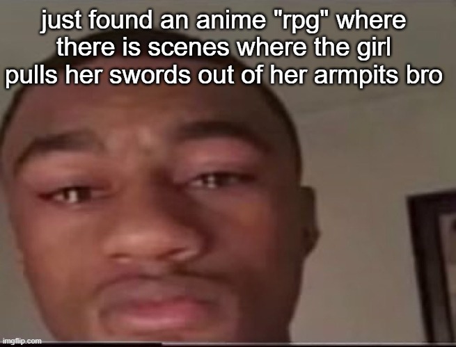 what can this game possibly be about bro | just found an anime "rpg" where there is scenes where the girl pulls her swords out of her armpits bro | made w/ Imgflip meme maker