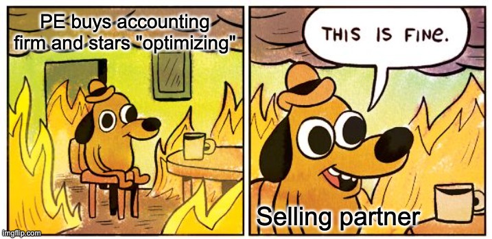 This Is Fine Meme | PE buys accounting firm and stars "optimizing"; Selling partner | image tagged in memes,this is fine | made w/ Imgflip meme maker