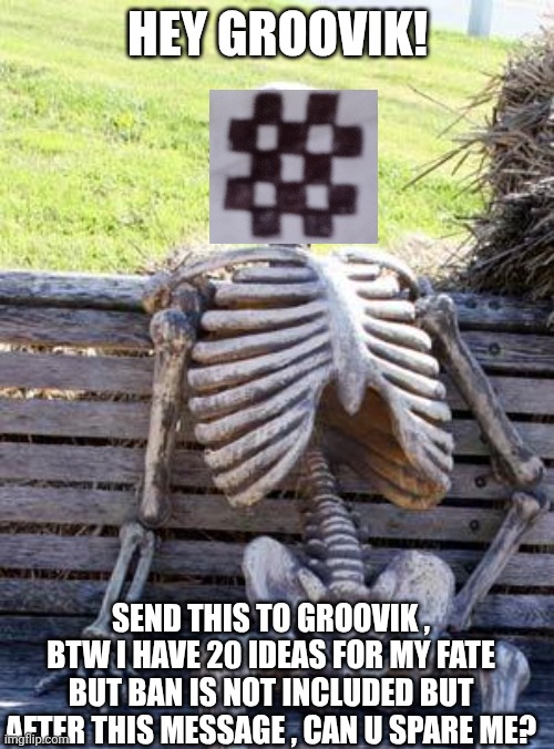 Send this to groovik | HEY GROOVIK! SEND THIS TO GROOVIK , BTW I HAVE 20 IDEAS FOR MY FATE BUT BAN IS NOT INCLUDED BUT AFTER THIS MESSAGE , CAN U SPARE ME? | image tagged in memes,waiting skeleton | made w/ Imgflip meme maker
