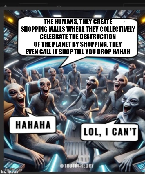 Fun | THE HUMANS, THEY CREATE SHOPPING MALLS WHERE THEY COLLECTIVELY CELEBRATE THE DESTRUCTION OF THE PLANET BY SHOPPING, THEY EVEN CALL IT SHOP TILL YOU DROP HAHAH | image tagged in funny memes | made w/ Imgflip meme maker