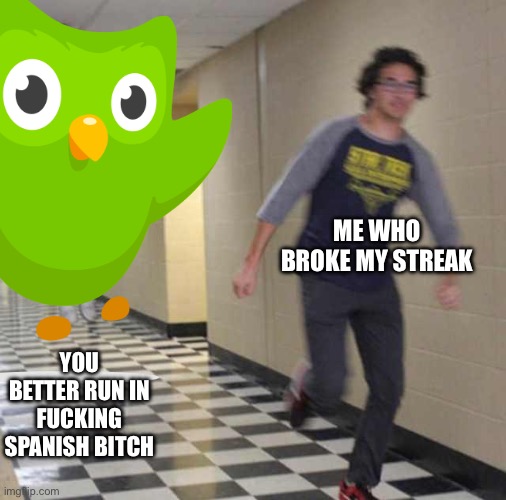 floating boy chasing running boy | YOU BETTER RUN IN FUCKING SPANISH BITCH ME WHO BROKE MY STREAK | image tagged in floating boy chasing running boy | made w/ Imgflip meme maker