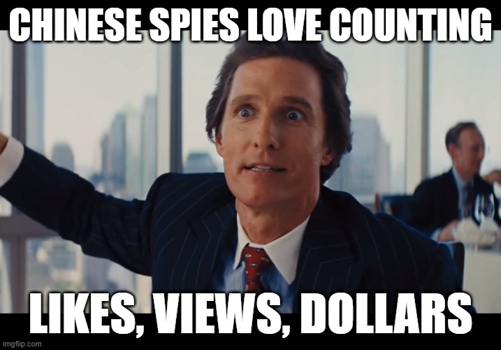 chinese spy | CHINESE SPIES LOVE COUNTING; LIKES, VIEWS, DOLLARS | image tagged in those are rookie numbers | made w/ Imgflip meme maker