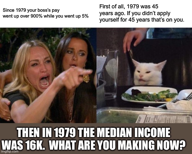 Woman Yelling At Cat | Since 1979 your boss’s pay went up over 900% while you went up 5%; First of all, 1979 was 45 years ago. If you didn’t apply yourself for 45 years that’s on you. THEN IN 1979 THE MEDIAN INCOME WAS 16K.  WHAT ARE YOU MAKING NOW? | image tagged in memes,woman yelling at cat | made w/ Imgflip meme maker