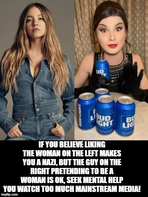 If you believe mainstream media, seek mental help! | IF YOU BELIEVE LIKING THE WOMAN ON THE LEFT MAKES YOU A NAZI, BUT THE GUY ON THE RIGHT PRETENDING TO BE A WOMAN IS OK, SEEK MENTAL HELP YOU WATCH TOO MUCH MAINSTREAM MEDIA! | image tagged in mental illness,sam elliott special kind of stupid | made w/ Imgflip meme maker