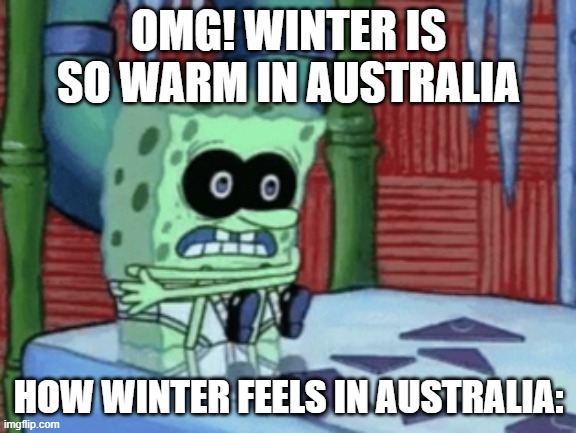 cold | OMG! WINTER IS SO WARM IN AUSTRALIA; HOW WINTER FEELS IN AUSTRALIA: | image tagged in spongebob cold,funny,funny memes | made w/ Imgflip meme maker