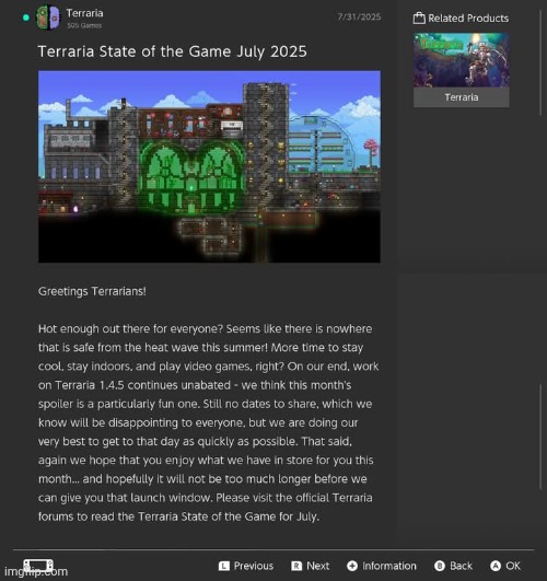 July SoTG has arrived, and I will be revealing a few spoilers later today! | image tagged in terraria,video games,state of the game,updates,nintendo switch,screenshots | made w/ Imgflip meme maker
