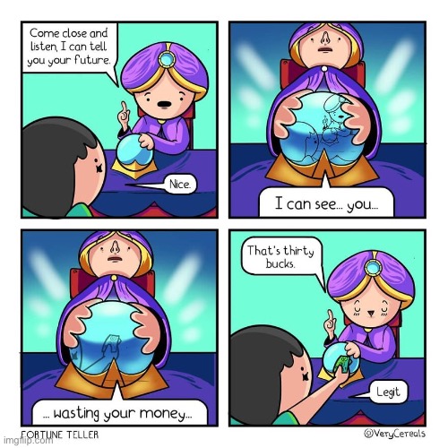 Very Cereals | image tagged in comics,verycereals,fortune teller,ripoff | made w/ Imgflip meme maker