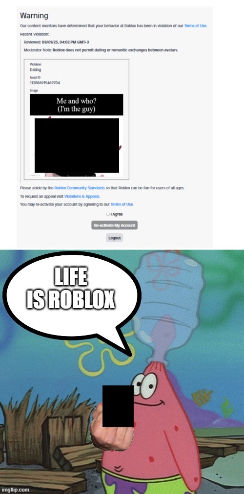 roblox be like | image tagged in roblox ban | made w/ Imgflip meme maker