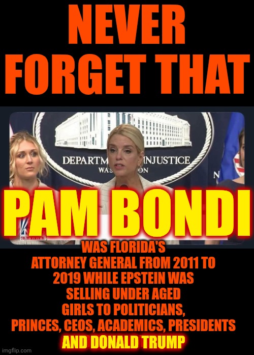 Trump Is GUILTY | NEVER FORGET THAT; WAS FLORIDA'S ATTORNEY GENERAL FROM 2011 TO
2019 WHILE EPSTEIN WAS
SELLING UNDER AGED GIRLS TO POLITICIANS, PRINCES, CEOS, ACADEMICS, PRESIDENTS
AND DONALD TRUMP; PAM BONDI; AND DONALD TRUMP | image tagged in pam bondi,memes,maga,nazis,trump is a convicted rapist,special kind of stupid | made w/ Imgflip meme maker