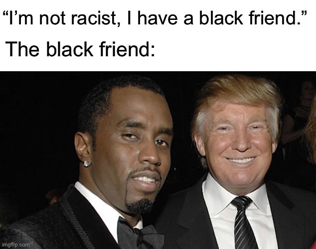 S3x Pests of a feather fly together. | “I’m not racist, I have a black friend.”; The black friend: | image tagged in donald trump,jeffrey epstein,diddy,criminals | made w/ Imgflip meme maker