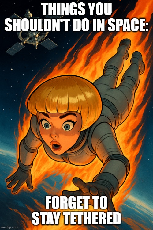 blonde girl falling from space | THINGS YOU SHOULDN'T DO IN SPACE:; FORGET TO STAY TETHERED | image tagged in blonde girl falling from space | made w/ Imgflip meme maker