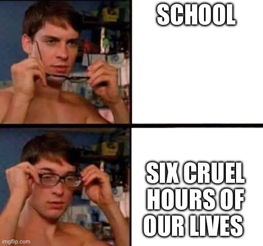 SCHOOL SIX CRUEL HOURS OF OUR LIVES | image tagged in peter parker's glasses | made w/ Imgflip meme maker
