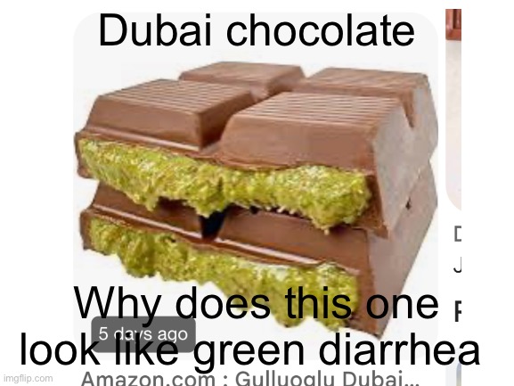 I dunno I thought it was supposed to be a stupid thing how am I supposed to know | Dubai chocolate; Why does this one look like green diarrhea | image tagged in blank white template,goofy ahh title,dubai,dubai chocolate | made w/ Imgflip meme maker